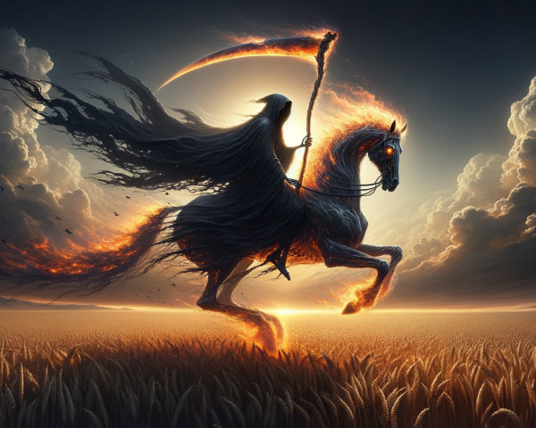 Spectral Figure on Fiery Horse Against Dramatic Sunset