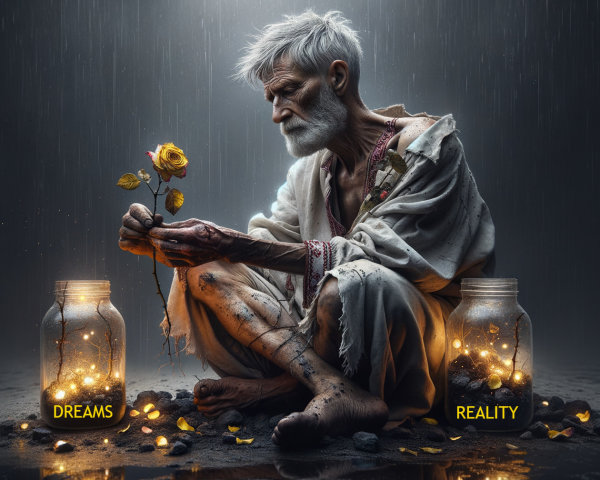 Elderly Man with Yellow Rose on Rainy Ground