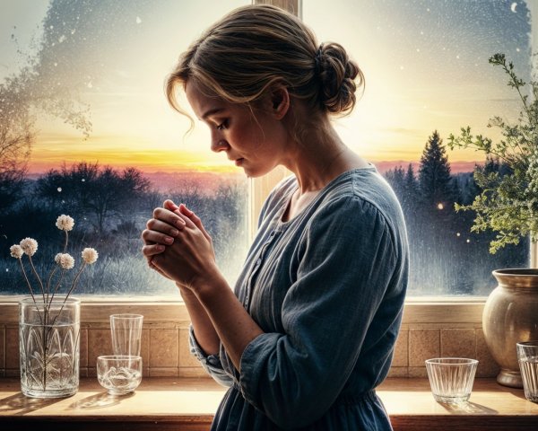 Woman in profile by sunlit window with sunset view