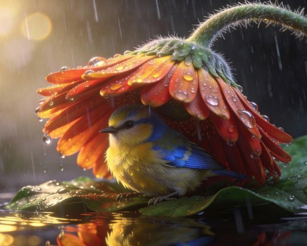 Blue and Yellow Bird Sheltered Under Orange Daisy