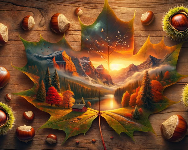 Autumn Landscape Inside a Detailed Leaf Scene