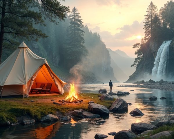 Campsite by River with Tent and Waterfall View