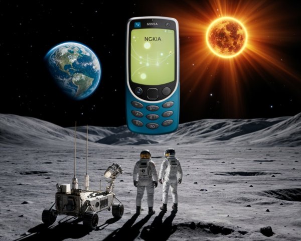 Astronauts with Lunar Rover and Floating Nokia Phone
