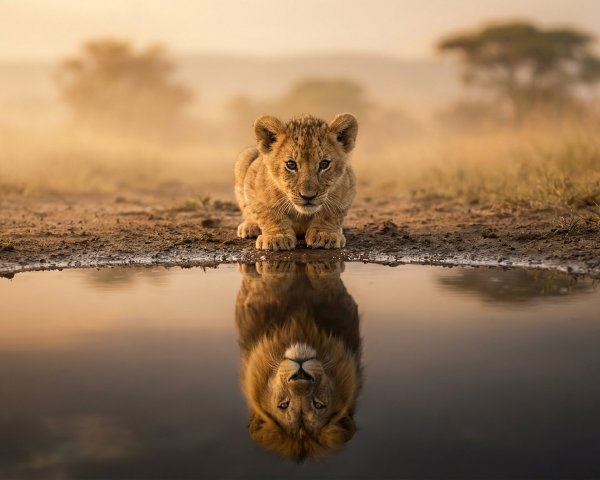 Lion Cub on Dirt Path with Reflection in Puddle