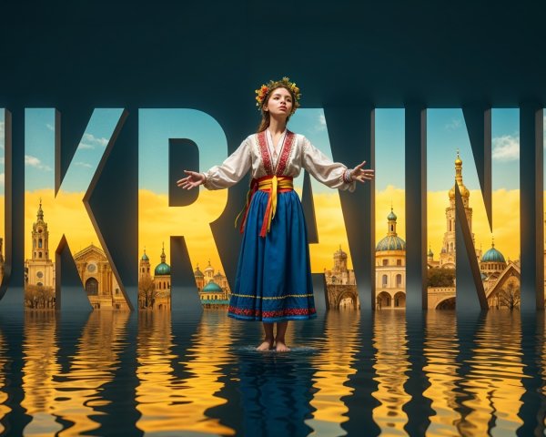 Ukrainian Girl in Traditional Attire by Reflective Pool
