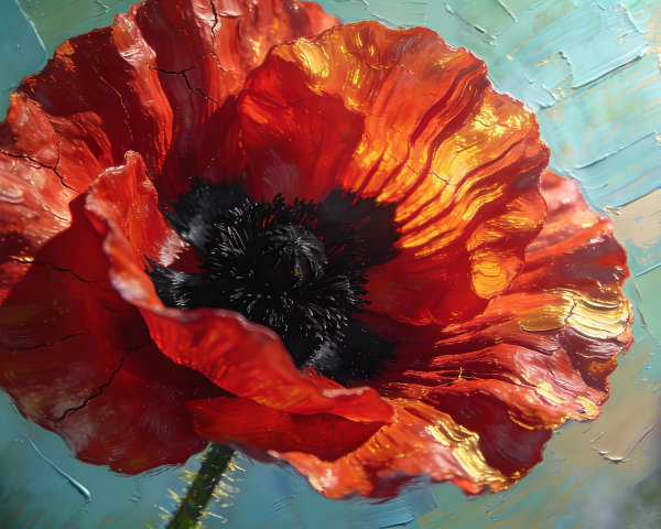 Detailed 3D Relief Oil Painting of a Poppy Flower