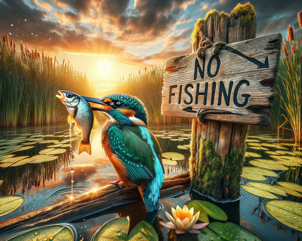 Kingfisher on No Fishing Sign at Sunset by Pond