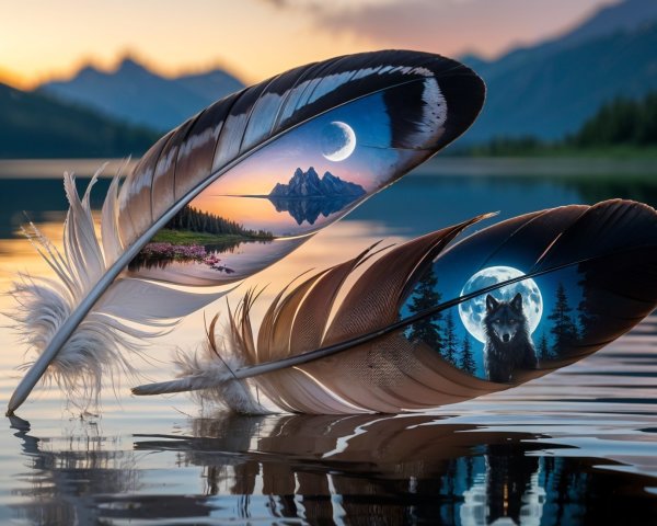 Feathers on a Lake at Sunset with Scenic Reflections