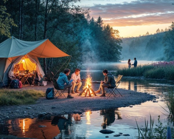 Serene Camping Scene by a River at Sunset
