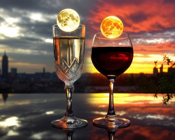 Elegant Glasses with Moon Against Sunset Skyline