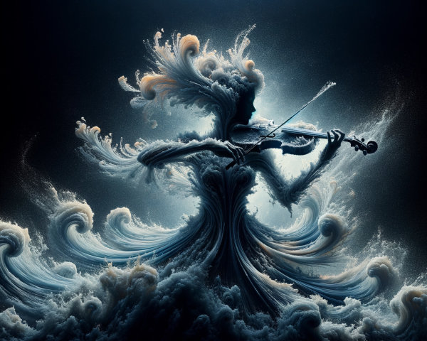 Ethereal figure playing violin amidst swirling waves