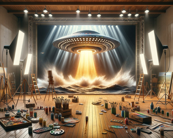 Art Studio Featuring UFO Painting Over Stormy Ocean