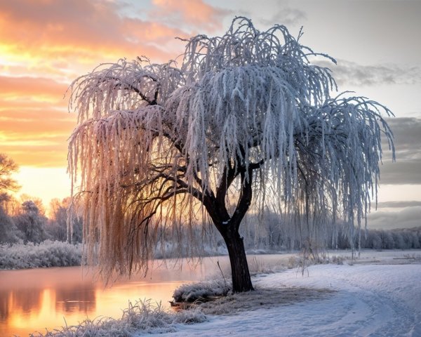 Majestic Frosted Tree by Serene Sunset River