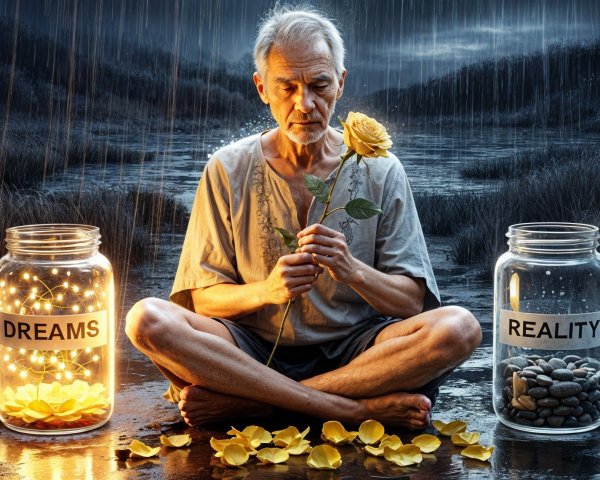 Contemplative Man Between Dreams and Reality Jars