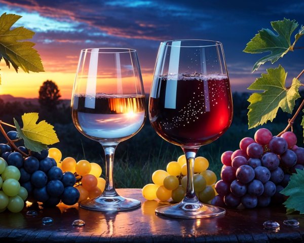 Elegant Glasses with Wine and Water on Wooden Table
