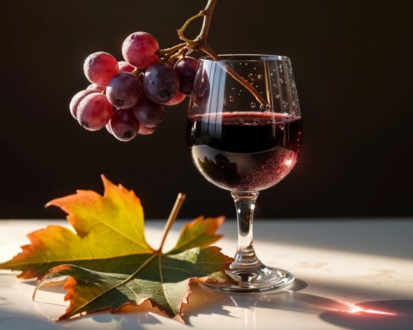 Red Wine Glass with Grapes and Autumn Leaf Display