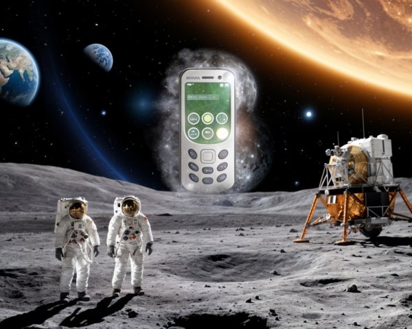 Astronauts on Moon with Earth and Vintage Phone in Space