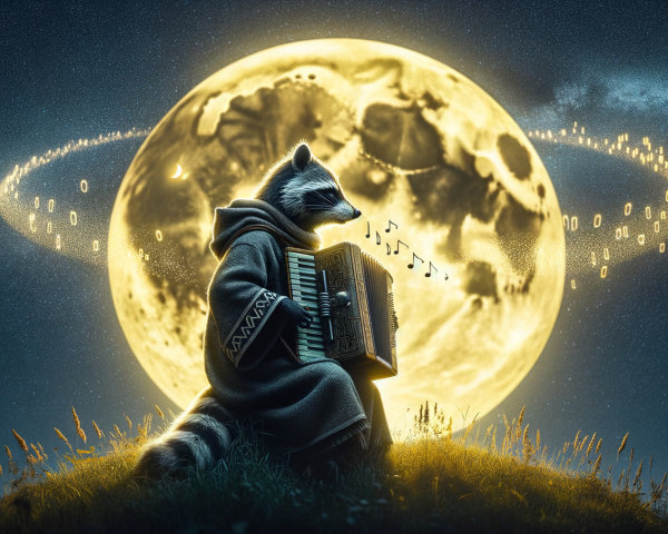 Raccoon in Robe Playing Accordion Under Full Moon