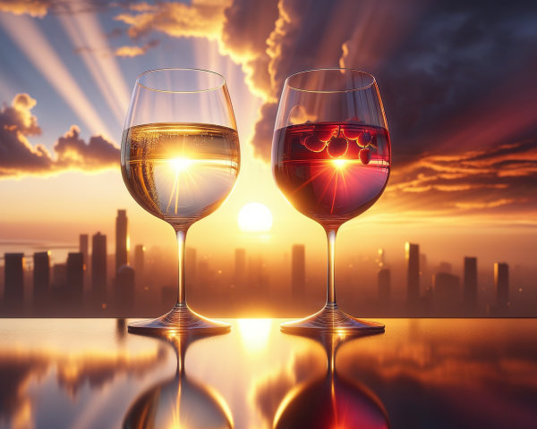 Elegant Wine Glasses with Sunset Skyline Reflection