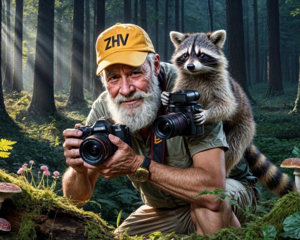 Bearded Man with Cameras and Raccoon in Forest