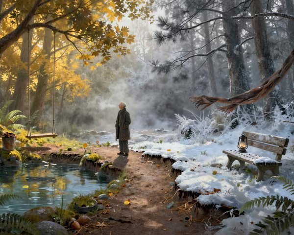 Magical Forest Scene Depicting Autumn and Winter