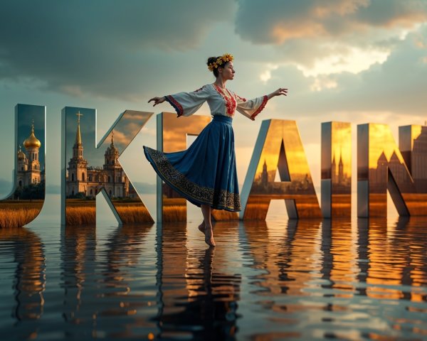 Ukrainian Dancer Amidst Scenic Landscape and Letters