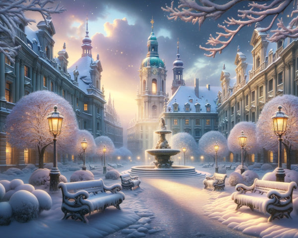 Serene winter courtyard scene with snow and architecture