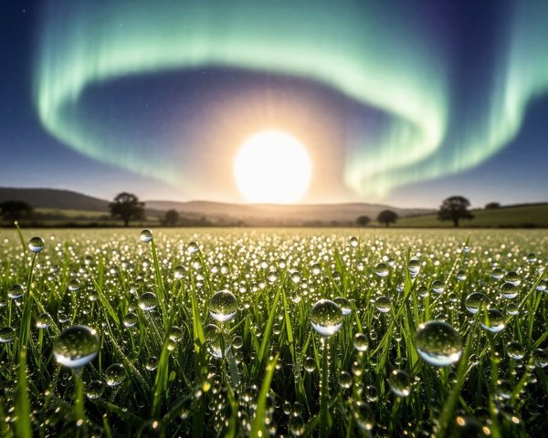 Lush Green Grass Field with Dew and Aurora Borealis