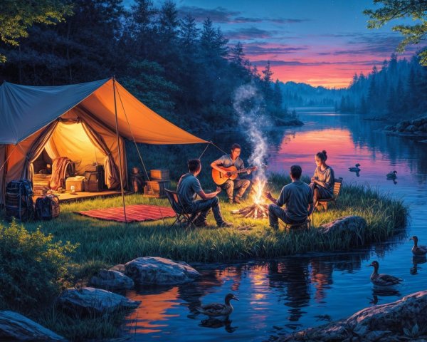 Cozy Lakeside Camping Scene at Dusk with Friends