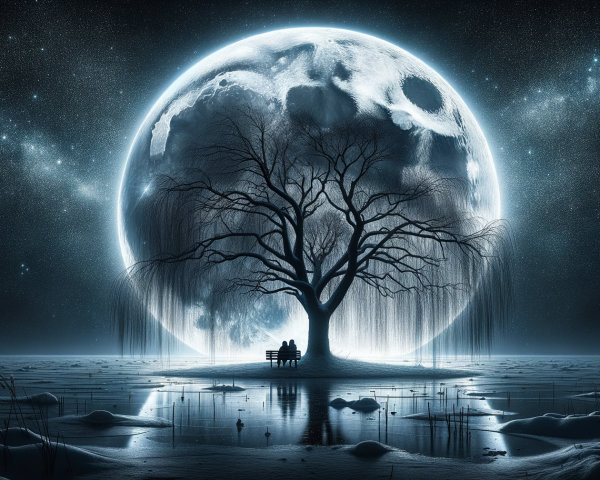 Serene Night Scene with Full Moon and Silhouetted Figures