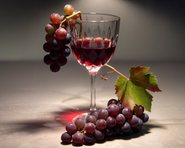 Crystal Glass of Red Wine with Grapes and Green Leaf