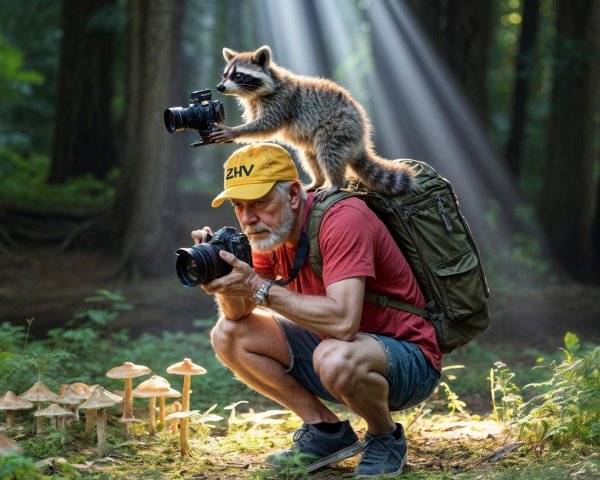 Man Photographing in Forest with Raccoon on Backpack