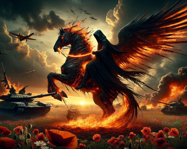 Mythical Winged Horse in Chaotic Battlefield Scene