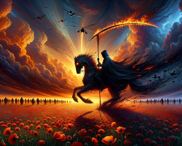 Hooded Figure on Dark Horse Against Vibrant Sunset