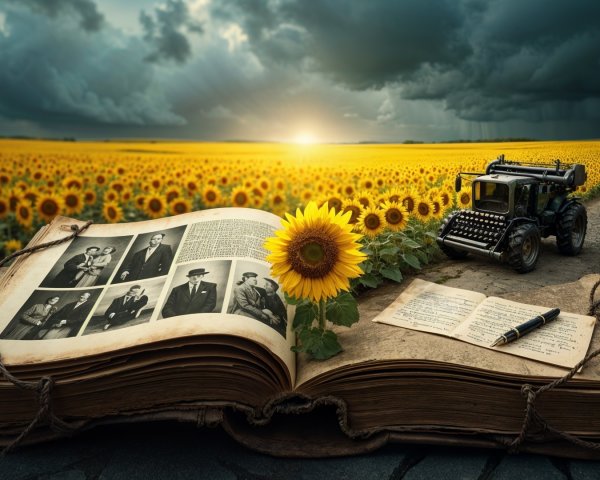 Sunflower Field with Book and Vintage Photographs