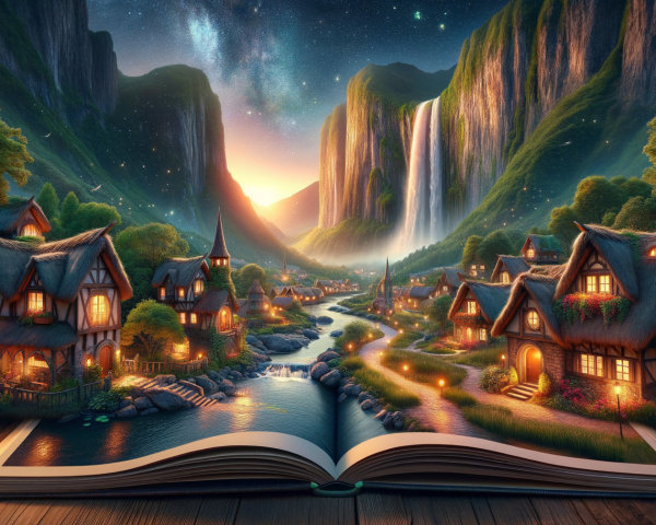 Whimsical Village in a Mystical Landscape with Book