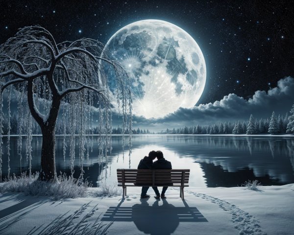 Serene Winter Scene with Couple by Tranquil Lake