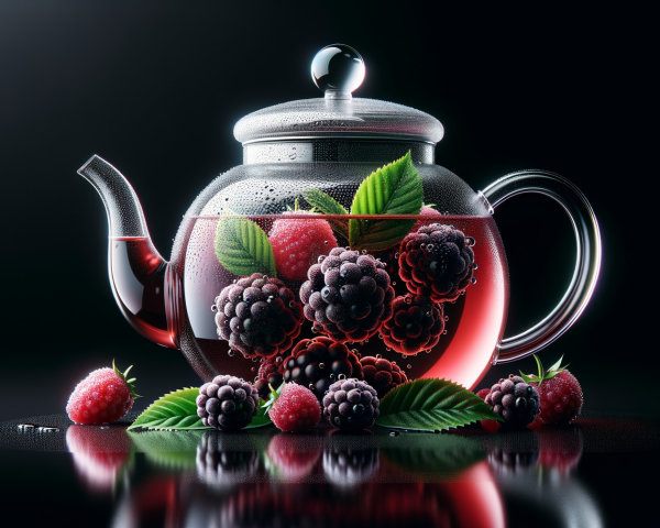 Glass Teapot with Berries and Mint on Dark Surface