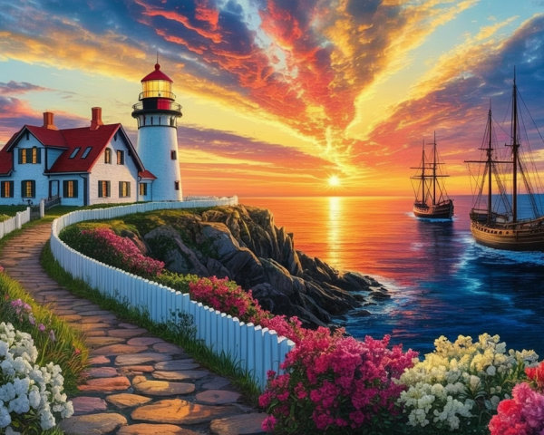 Charming Lighthouse Amidst Vibrant Coastal Landscape