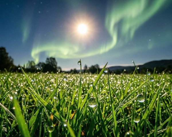 Lush Grass Field Under Northern Lights and Full Moon