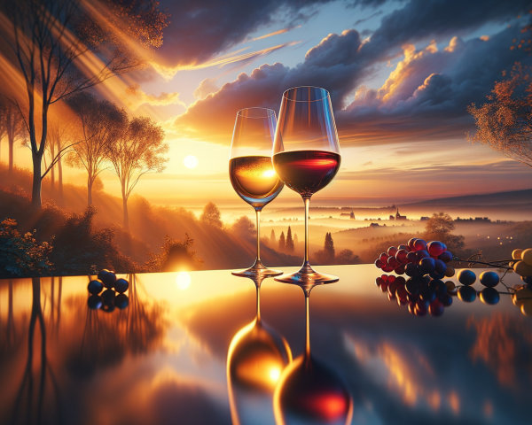 Elegant wine glasses with red wine and grapes at sunset