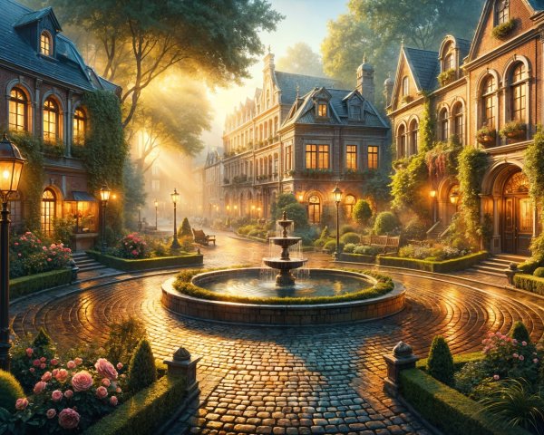 Charming Sunlit Courtyard with Elegant Brick Buildings