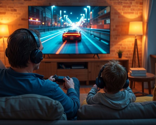 Father and son gaming on a couch with vibrant visuals