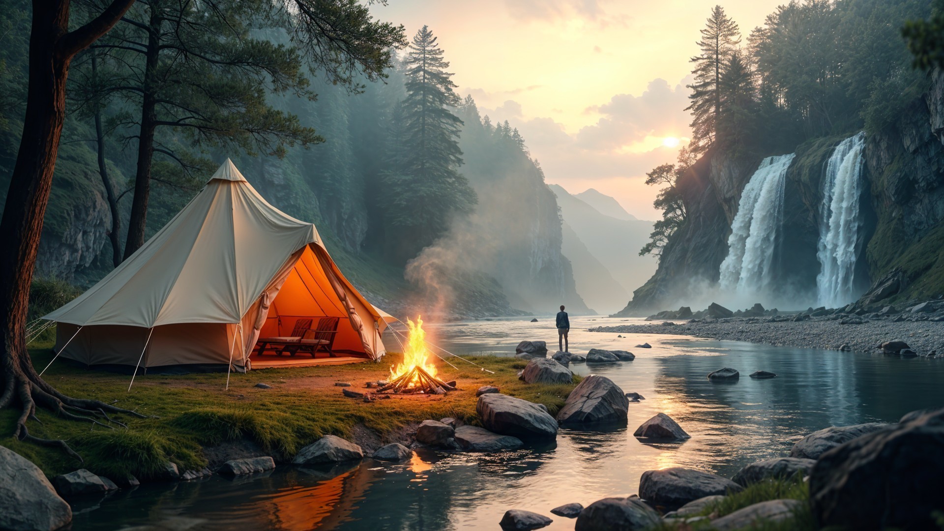 Campsite by River with Tent and Waterfall View