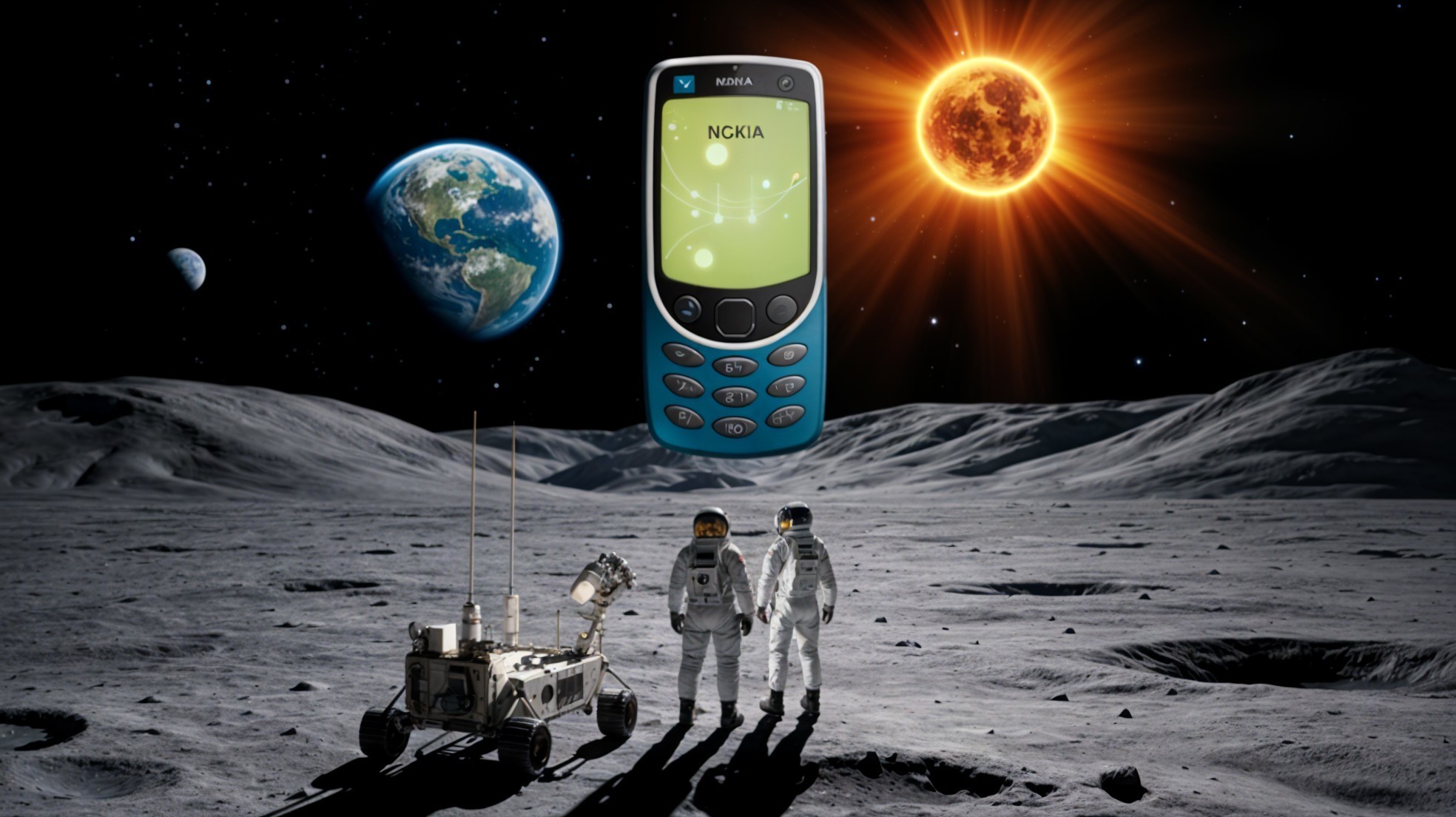 Astronauts with Lunar Rover and Floating Nokia Phone