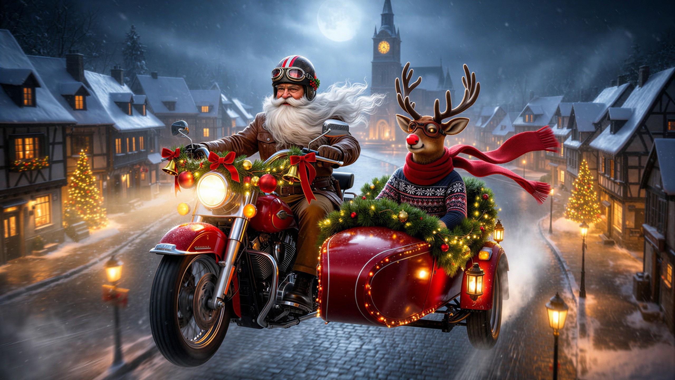 Santa Claus Riding a Motorbike in a Winter Village