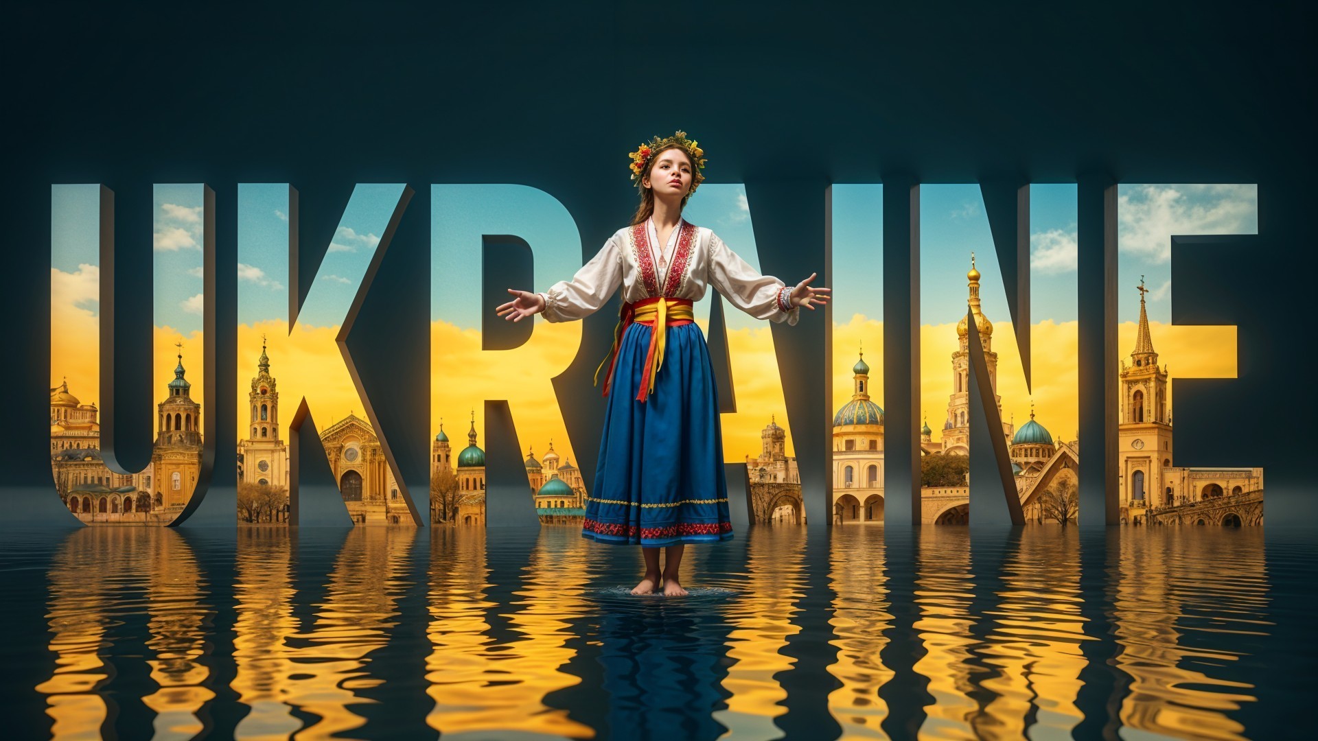 Ukrainian Girl in Traditional Attire by Reflective Pool