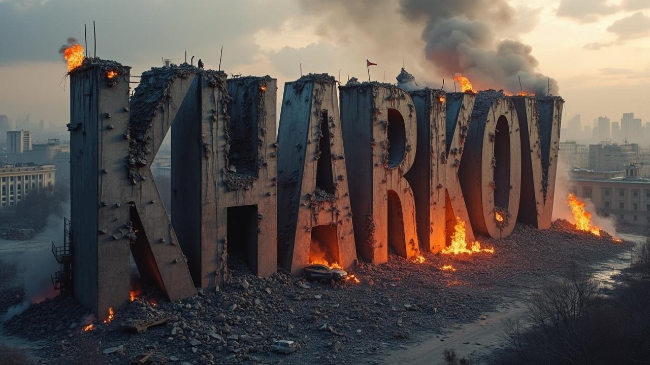 Ruins of a "KHARKOV" Sign Amidst Flames and Smoke