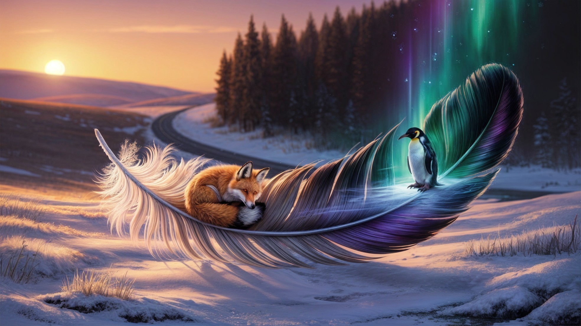 Winter Landscape with Fox, Penguin, and Aurora