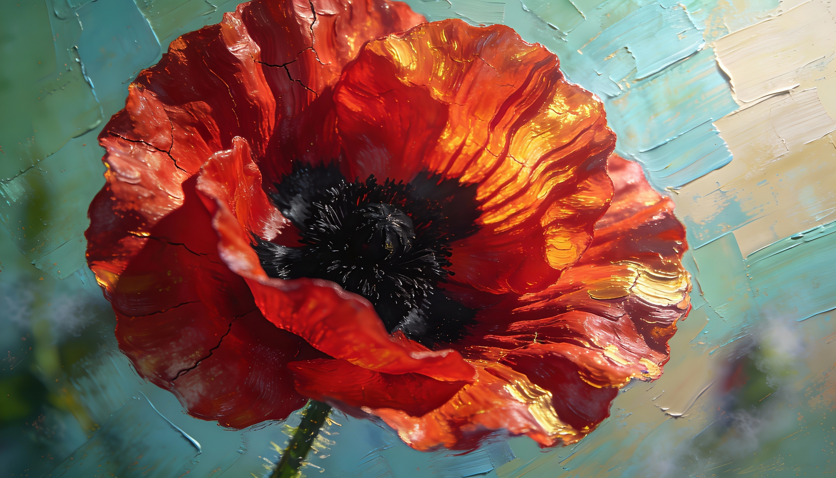Detailed 3D Relief Oil Painting of a Poppy Flower